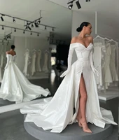 elegant two pieces wedding dresses with detachable train satin cap sleeves side split mermaid long trian bridal gowns