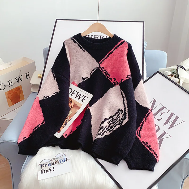2022 Autumn Winter Sweaters Pullover Plaid Long Sleeve Sweater Women O Neck Knitted Jumpers Sweater Mujer