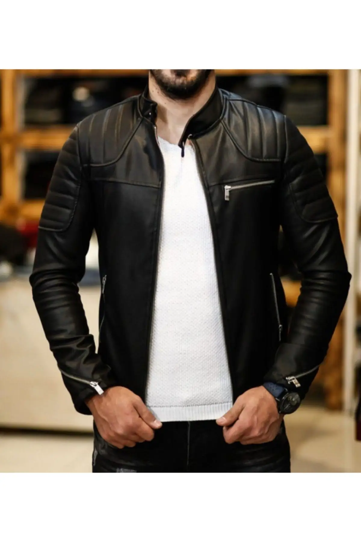 Men's Black Leather Coat Jacket With Inner Pocket Shoulder Stripe Model New Season