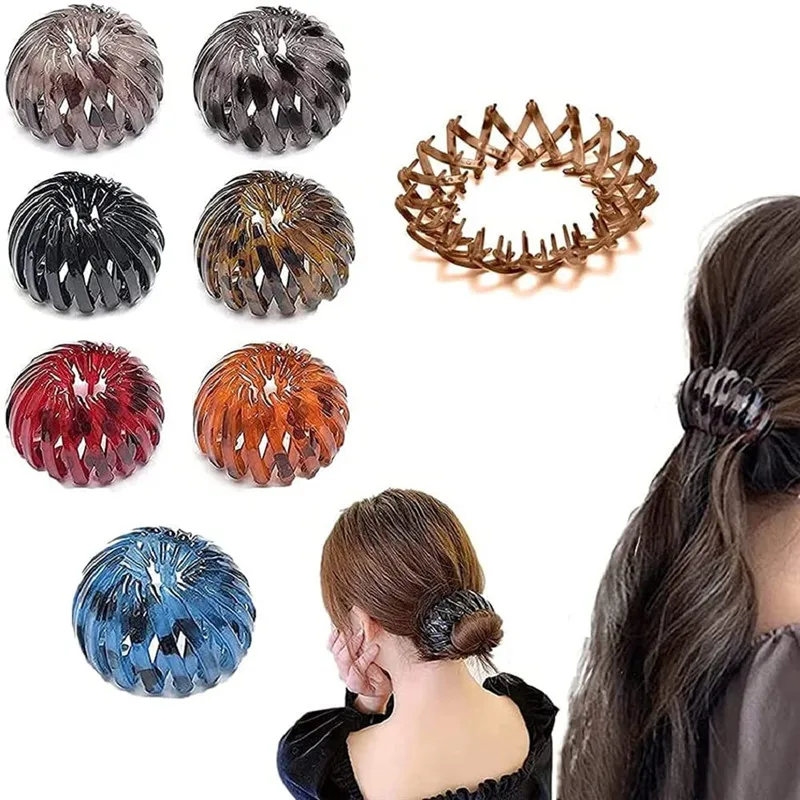 

7 Pcs Lazy Bird’s Nest Plate Hairpin Expandable Ponytail Holder Hair Claw Clamps Fashion Retro Print Hair Styling Tool for Girls