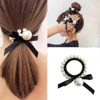 pretty lady girl bowknot artificial pearl elastic hair ropes rubber band elegant ribbon fashion ponytail holder hair accessories