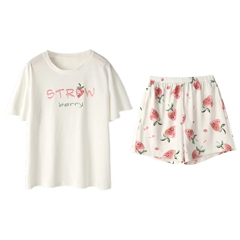 Qweek Strawberry Print Pajamas Cotton Two Piece Set Summer Pyjamas Women's Home Clothes Lounge Wear Sleepwear Homewear Pijamas