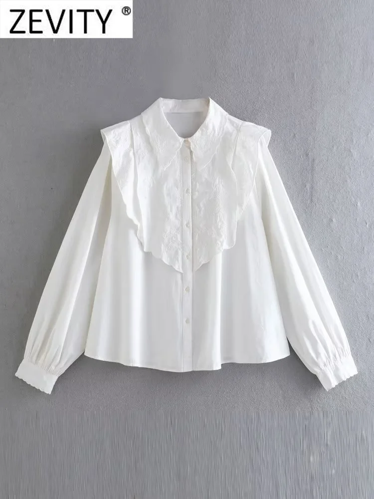 

Zevity Women Fashion Flower Embroidery Ruffles White Shirt Office Lady Buttons Smock Blouse Roupas Chic Blusas Tops LS3496
