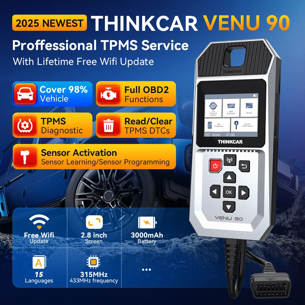 Фото THINKCAR VENU 90: Инструмент для диагностики давления в шинах, программирования датчиков TPMS и активации (315/433 МГц, OBD2 сканер) №3