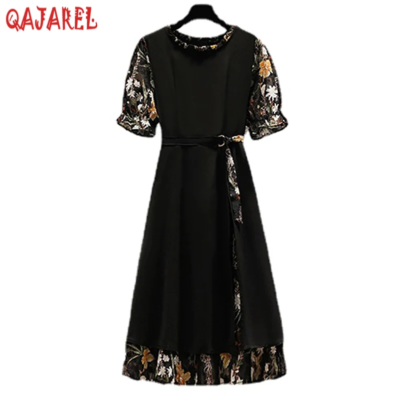 

Женское винтажное шифоновое платье миди, черное платье с цветочным принтом, пышными рукавами и оборками на воротнике в Корейском стиле Хепб...
