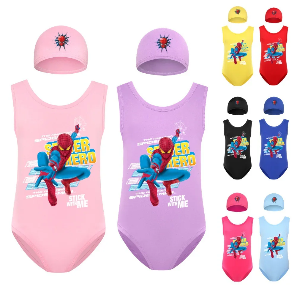 

2022 New SpiderMan Summer Girls Imitation Cotton Milk Silk Round Neck Vest Cartoon Swimsuit Swimming Cap Set 2-16 Years Old