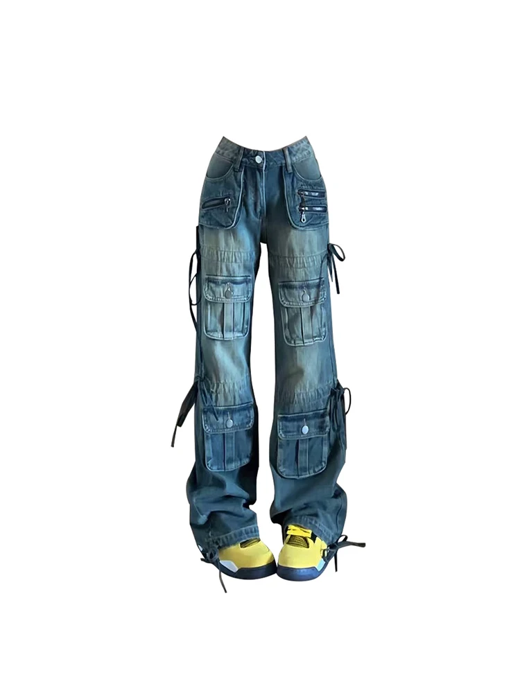 

Женские винтажные джинсы-карго с высокой талией, свободные синие ковбойские брюки в стиле Харадзюку Y2k, уличная одежда, прямые джинсовые брюки с широкими штанинами, 2023