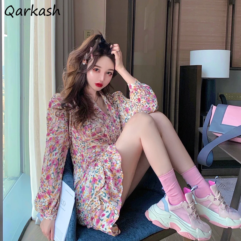 

Long Lantern Sleeve Dresses Women Elegant Mini Floral Cascading Ruffle French Style Sweet V-neck Spring High Waist Streetwear