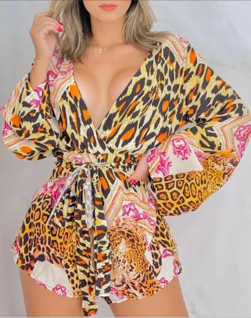 Summer New Deep V Neck Women Jumpsuit 2022 Spring Fashion Splicing Cheetah Baroque Print Long Sleeve Romper Women Loose Jumpsuit