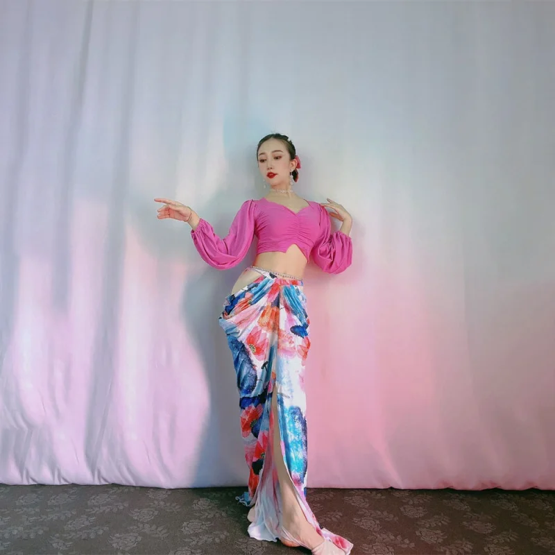 

Костюм для восточного танца живота, костюм из двух предметов для тренировок, топ и юбка для танца живота, красный танцевальный костюм