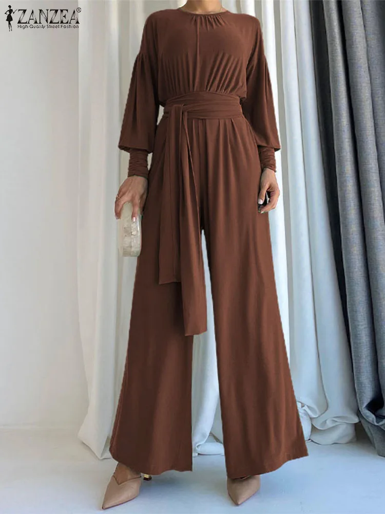 

ZANZEA Fashion Casual Long Rompers Drop-shoulder Belted Waist Women Long Sleeve Wide Leg Overalls Ruched O-neck Solid Jumpsuits