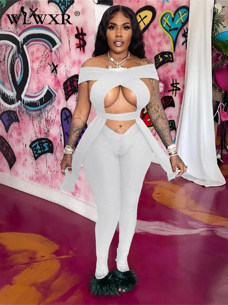 

WLWXR Летние черные облегающие брюки, комплекты из 2 предметов с вырезами, женская одежда с открытой спиной, короткий топ, белые подходящие ком...