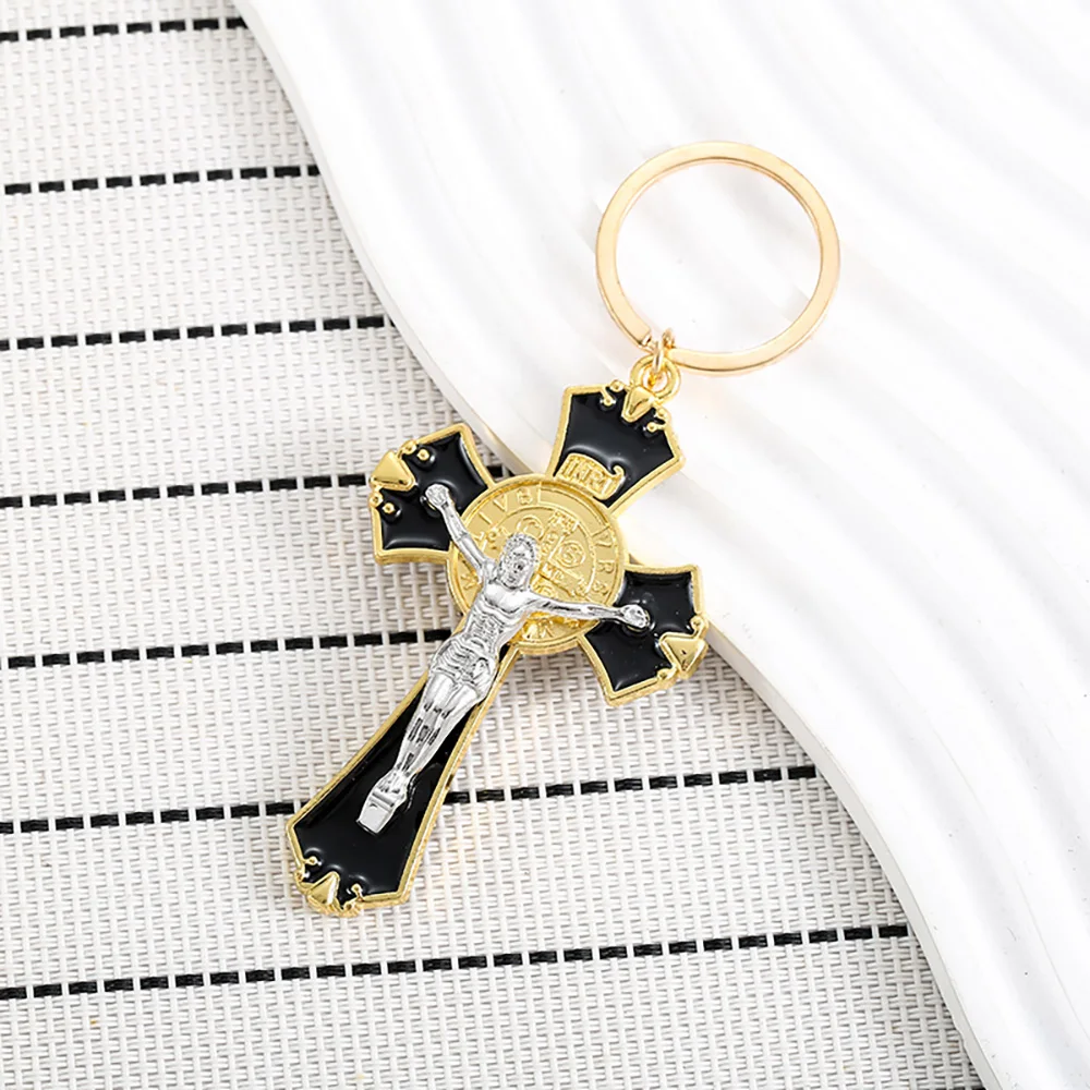 

Black And Gold Color Cross Keychain Unisex Christian Jesus Cool Style Fashion Pendant Backpack Accessories Friends Bestie Gift