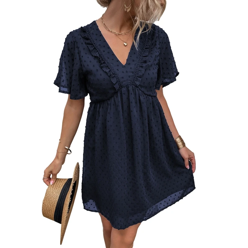 

Women Summer Short Bell Sleeve Ruffles Trim V-Neck Mini Swing Dress Simple Solid Color Swiss Dot Jacquard A-Line Pleated Flowy