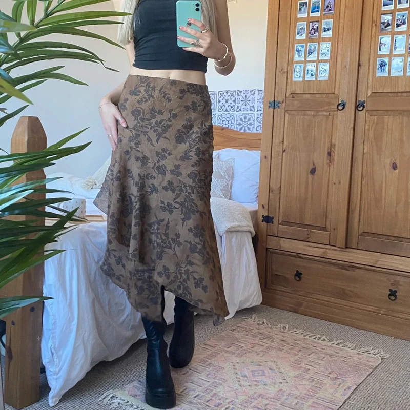 

hirigin 90s Vintage High Waist Irregular Hem Midi Skirts Y2K Aesthetic Floral Long Skirts Harajuku Grunge Retro Women Streetwear