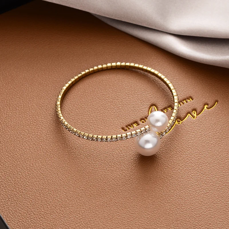 

Elegant Shiny Rhinestone Pearl Single Row Bracelet Bangle Paved Full Crystal Wrist Bracelets Women Wristband Charms Wedding Gift
