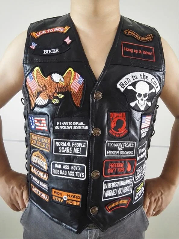 

High Quality Motorcycle Mens Leather Black Genuine Vest w/ 42 Patches US Flag Eagle Biker Vests S-3XL