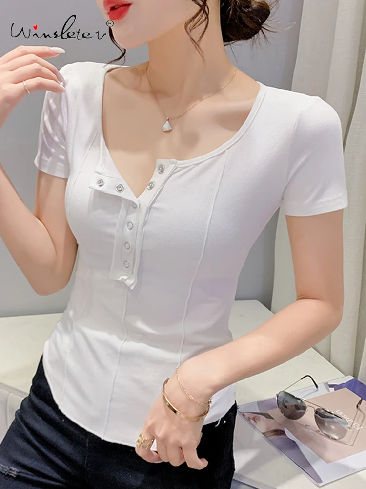 

Женская хлопковая Футболка с круглым вырезом, коротким рукавом и пуговицами