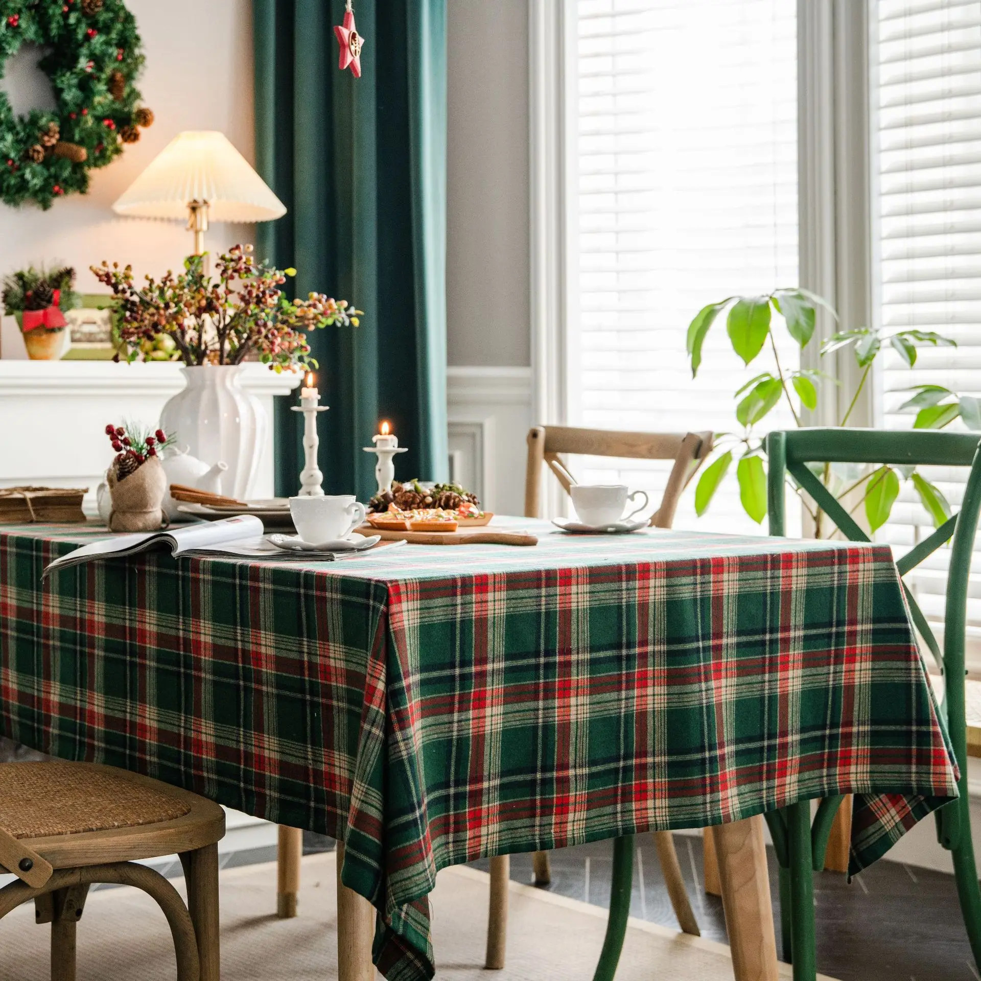 

Tablecloth Yarn-dyed Green Plaid Christmas Festival Tablecloth American Fabric Rectangular Square Round