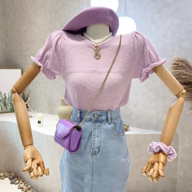 

Niche Design New Women's Clothing 2022 Spring Puff Short Sleeved Sweater High Waist Short Versatile Solid Color Top Knit Shirt