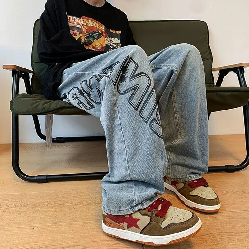 Men's Brown Y2K Clothes Printed Jeans Men Baggy Destroyed Jeans Denim Straight Trousers Wide Leg Pants Streetwear Y2K For Men