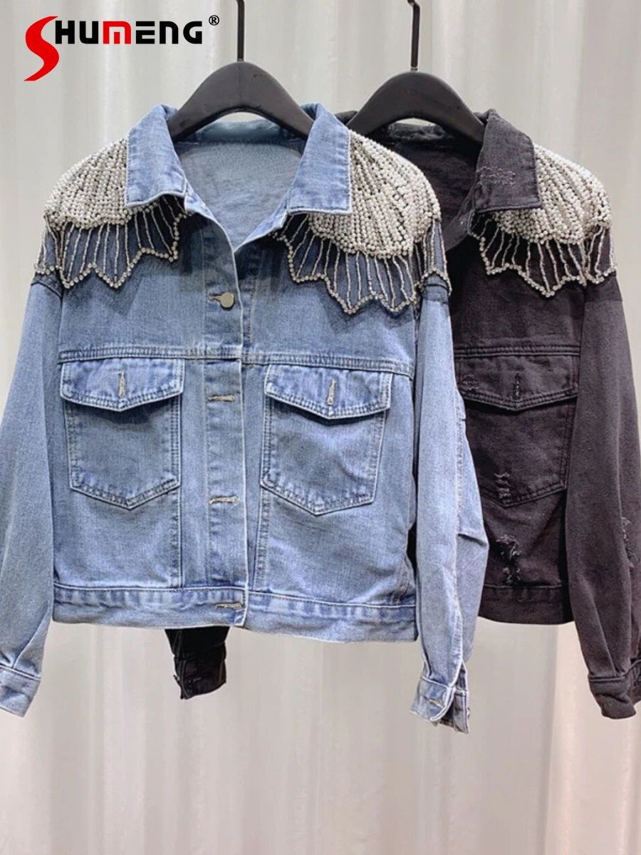 

Женская короткая джинсовая куртка с блестками и вышивкой, свободная джинсовая куртка Стразы в Корейском стиле с бисером, осень 2022