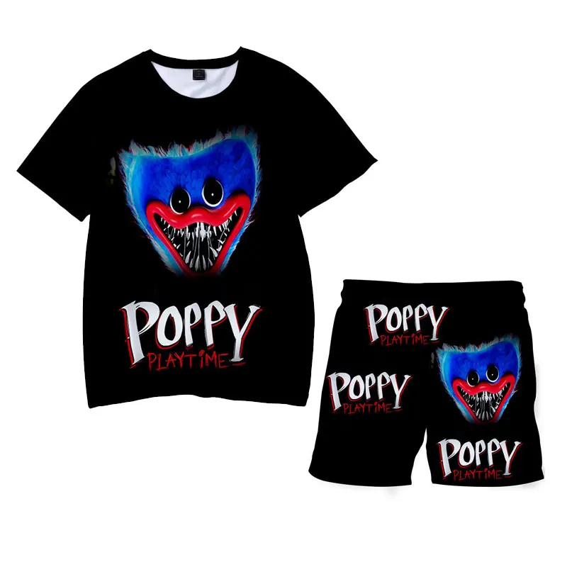 

New Video Game Poppy Playtime T-Shirt + Pants 2 Pcs Suit Cartoon Children Clothing Sets Kids Boys Sports Suit Huggy Wuggy Shorts