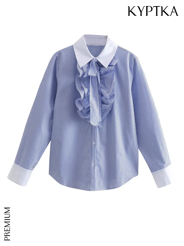 

Женские модные рубашки KYPTKA в полоску с оборками, винтажные женские блузки с длинным рукавом и пуговицами, шикарные топы