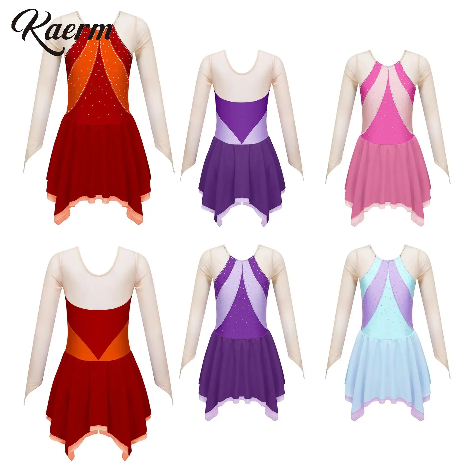 

Kids Girls Figure Ice Skating Dress Mesh Long Sleeve Shiny Ballet Leotard Tutu Skirts Lyrical Dancewear Contemporary Costume