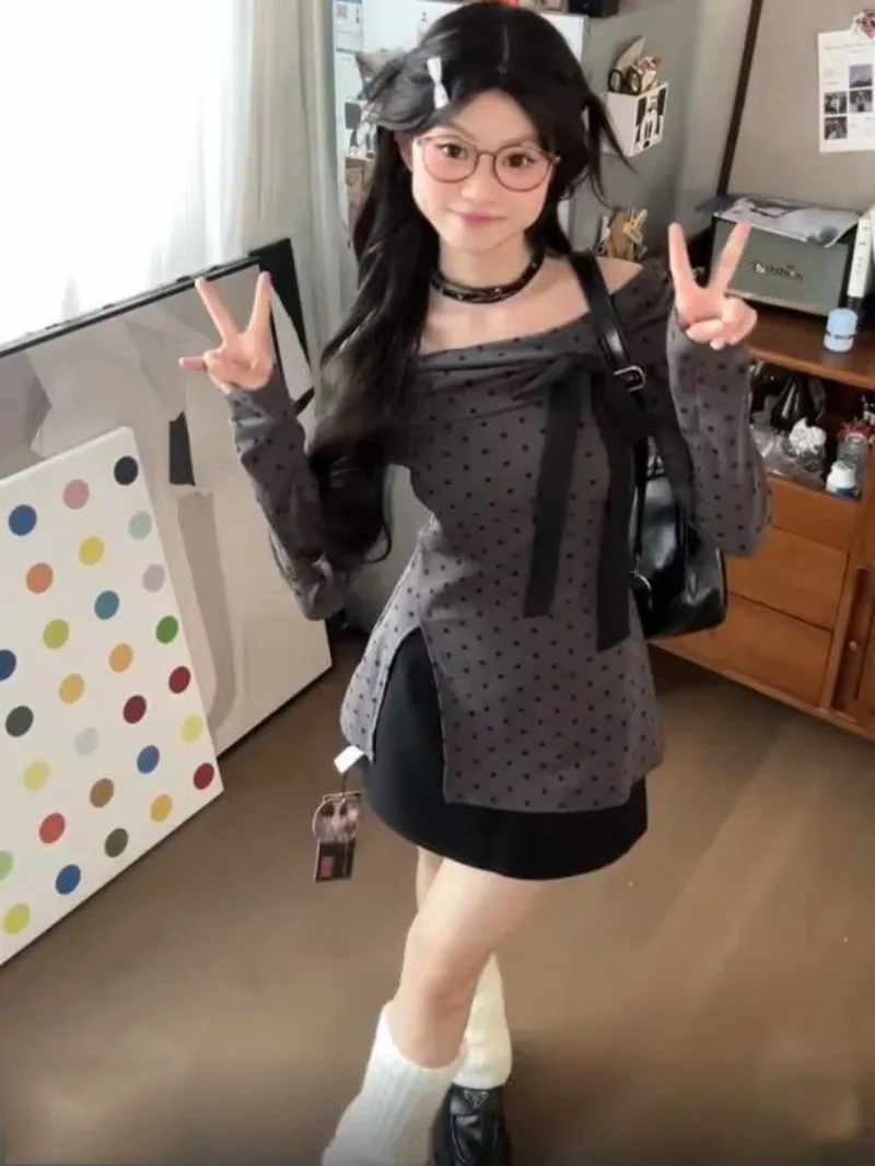 Корейские универсальные топы с открытыми плечами и волнистыми точками разрезом