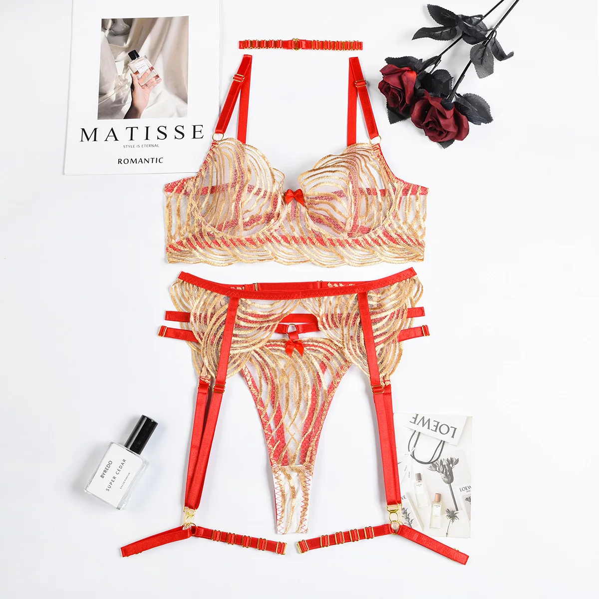 

Sexy Lingerie Wavy Embroidery Underwire Underwear Set Women Autumn New Mesh See-Through Bra Garter Ring Four-Piece Set