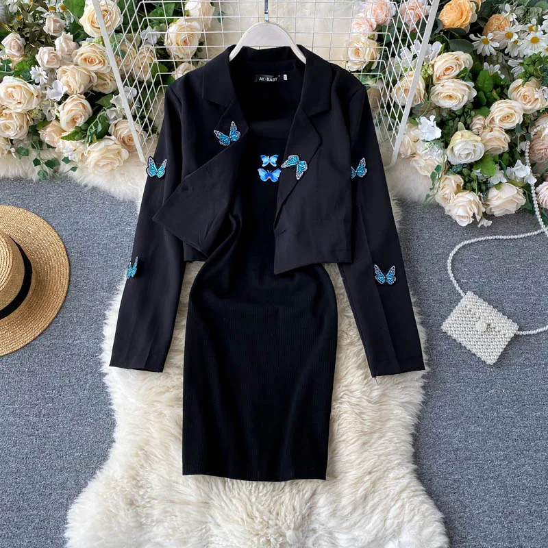 

Two Piece Set Women Dress Sets Spring 2 Piece Sets Casual Coat Sexy Chain Camisole Mini Pencil Dresses Womens Outfits