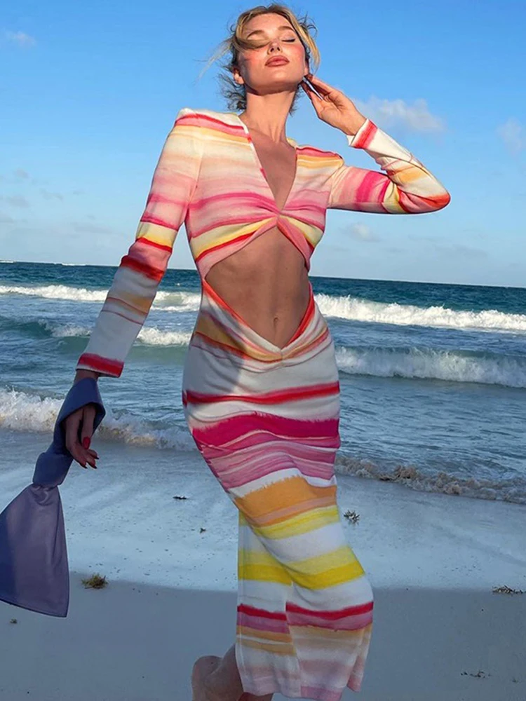 

Sexy Cut Out Long Sleeve Stripe Print Midi Dress for Women 2022 Elegant Summer Autumn Fashion Knit Vestido Ladies Holiday Outfit