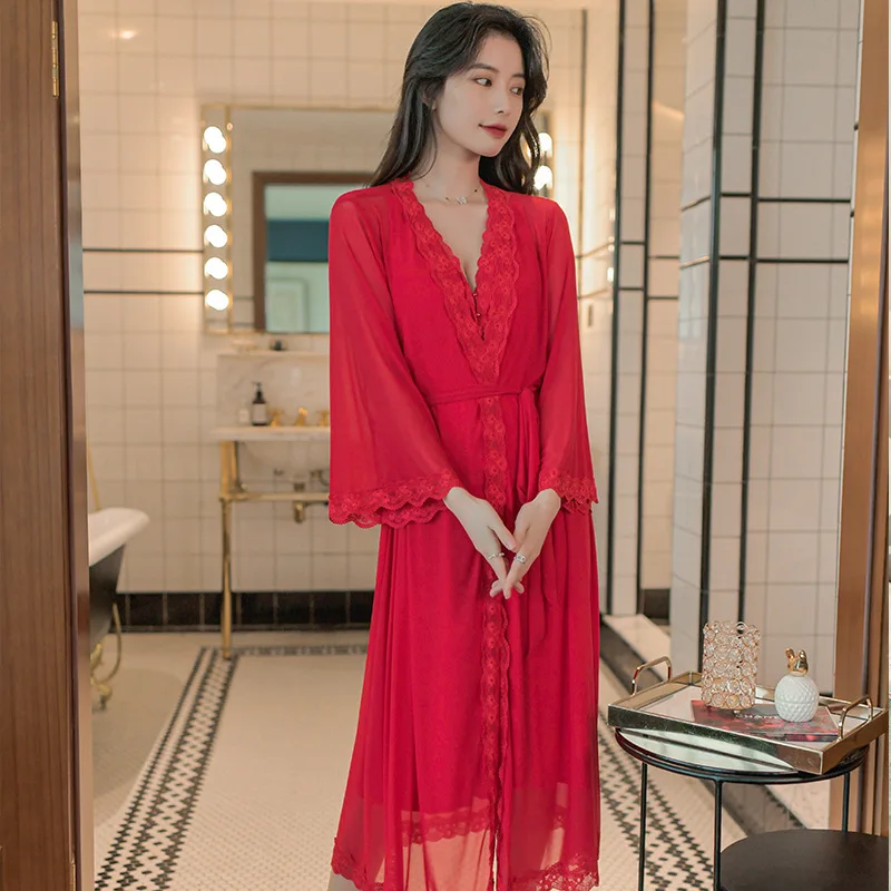 Red Collection Benmingnian Nightgown Women's Sexy Nightdress Spring Autumn Mesh Modal Sleepwear 2Pcs Set Homewear Lounge Set