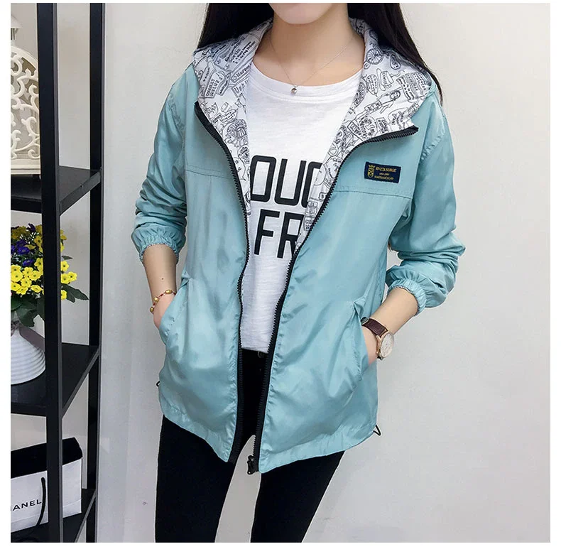 

Women's Jacket Spring Summer Pocket Zipper Hooded Two Side Wear Outwear Coat Loose Plus Size Windbreaker Jackets Famale