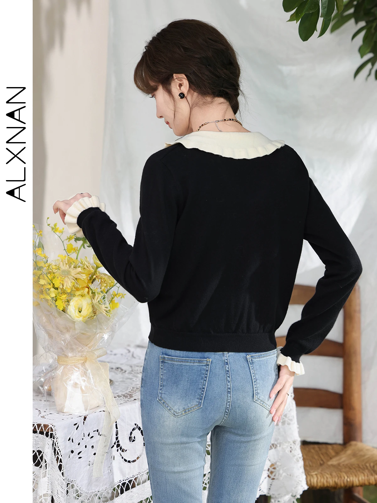 ALXNAN женский свитер с воротником Питера Пэна осень 2023 новый сращенный вязаный