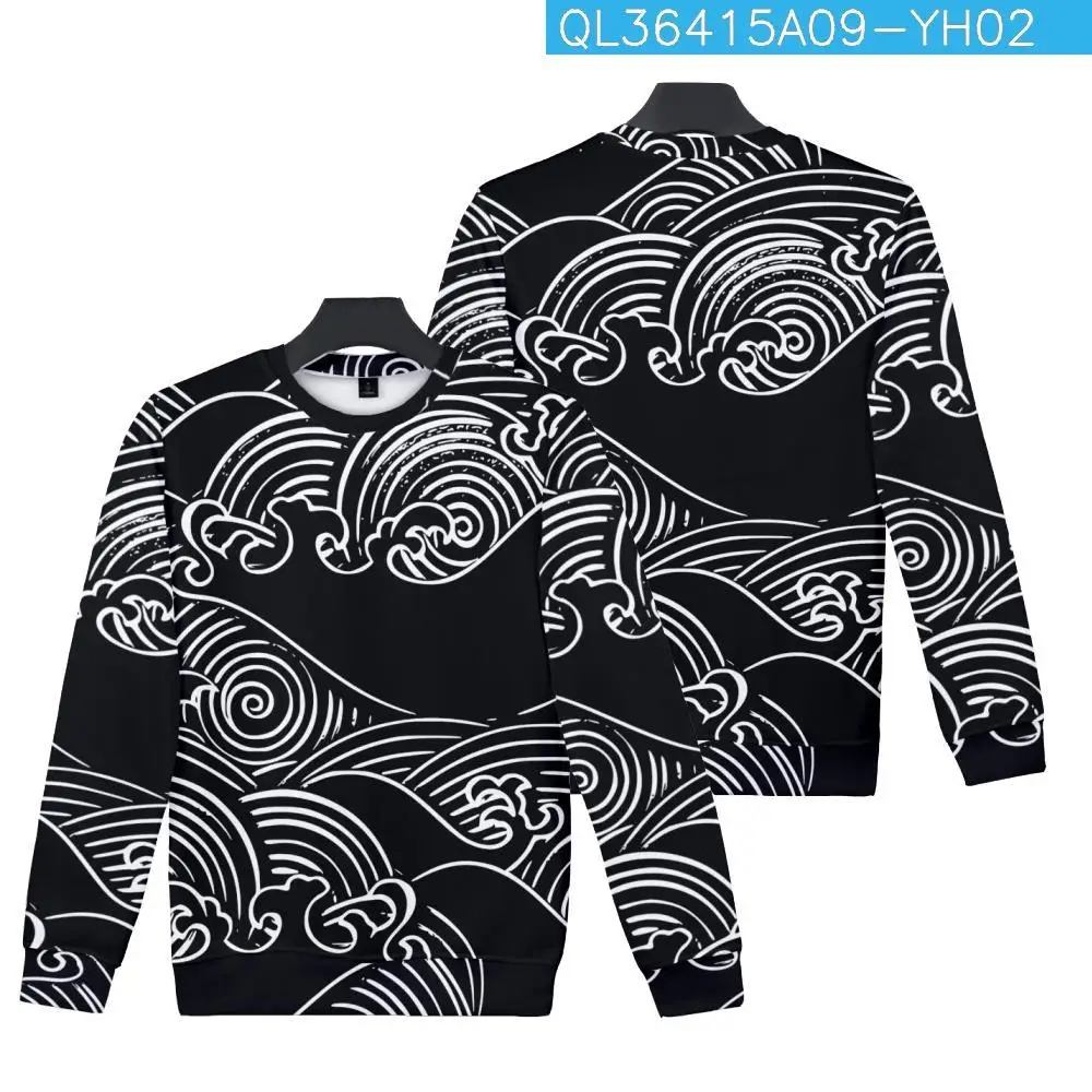 

Autumn Cartoon White Striped Wave Printed O-Neck Black Sweatshirt Fashion Casual Men Women Long Sleeve Pullover Harajuku Hoodies