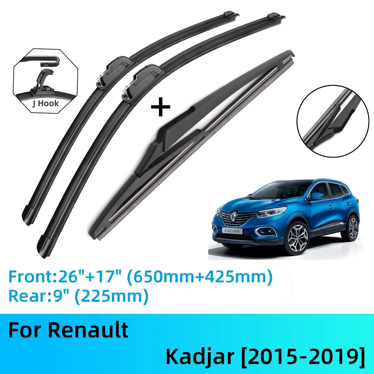

For Renault Kadjar Front Rear Wiper Blades Brushes Cutter Accessories J U Hook 2015-2019 2015 2016 2017 2018 2019