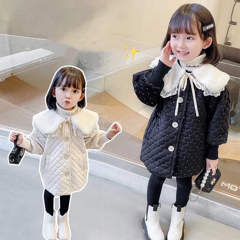 

Girls Coat Jacket Cotton Outwear Overcoat 2022 Beige Warm Thicken Plus Velvet Winter Breathable Children's Clothing