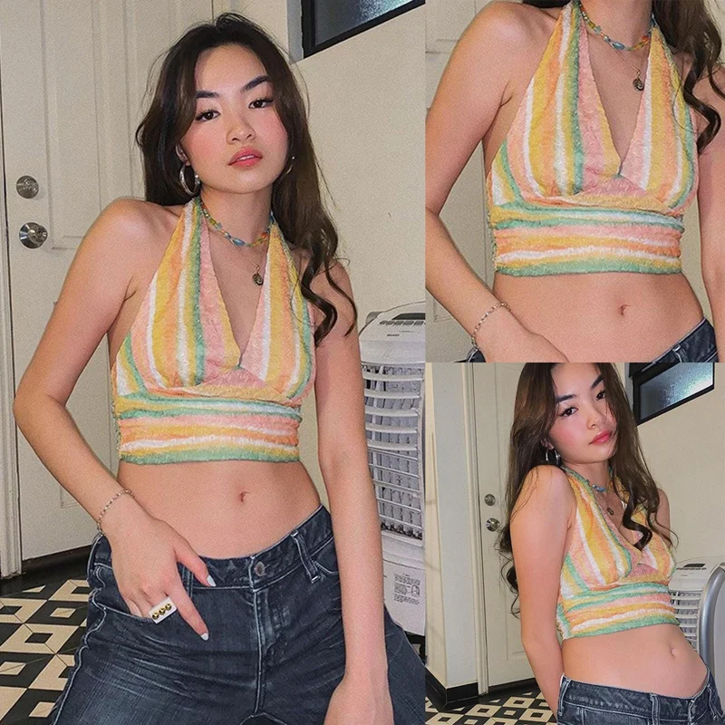 

Women's Party Sexy Contrast Lines Lace Halter Tank Top Multicolor