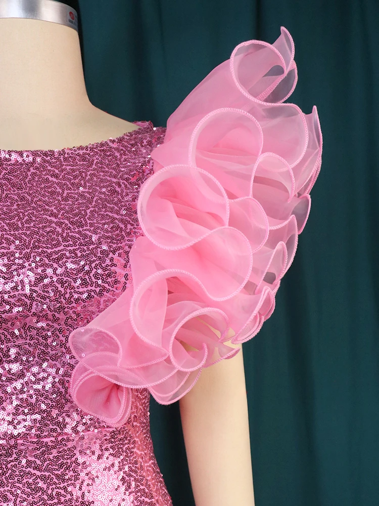 Женское вечернее платье с блестками розовое длинное коктейльное большого