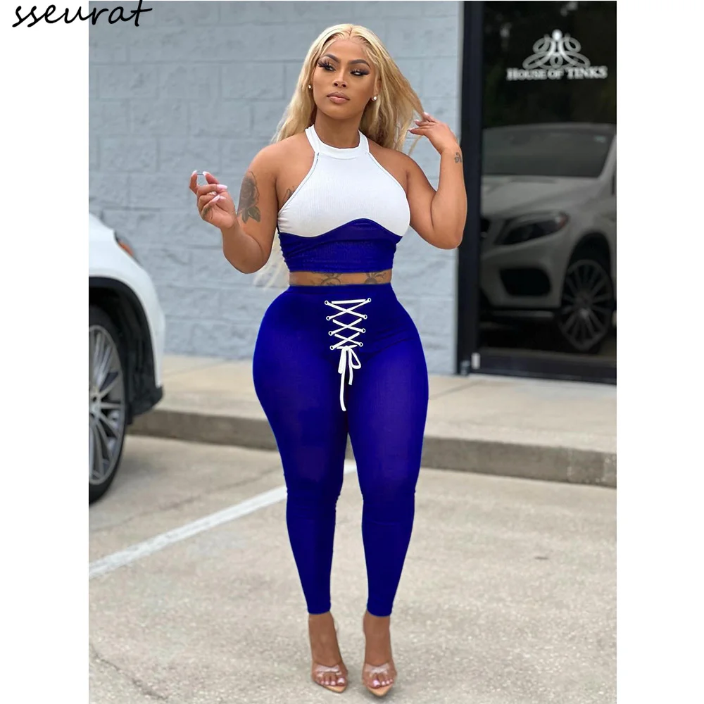 

Active Sport Women Two Piece Set Outfits 2022 Patchwork Crop Tank and Lace Up Pants Matching Set Tracksuit