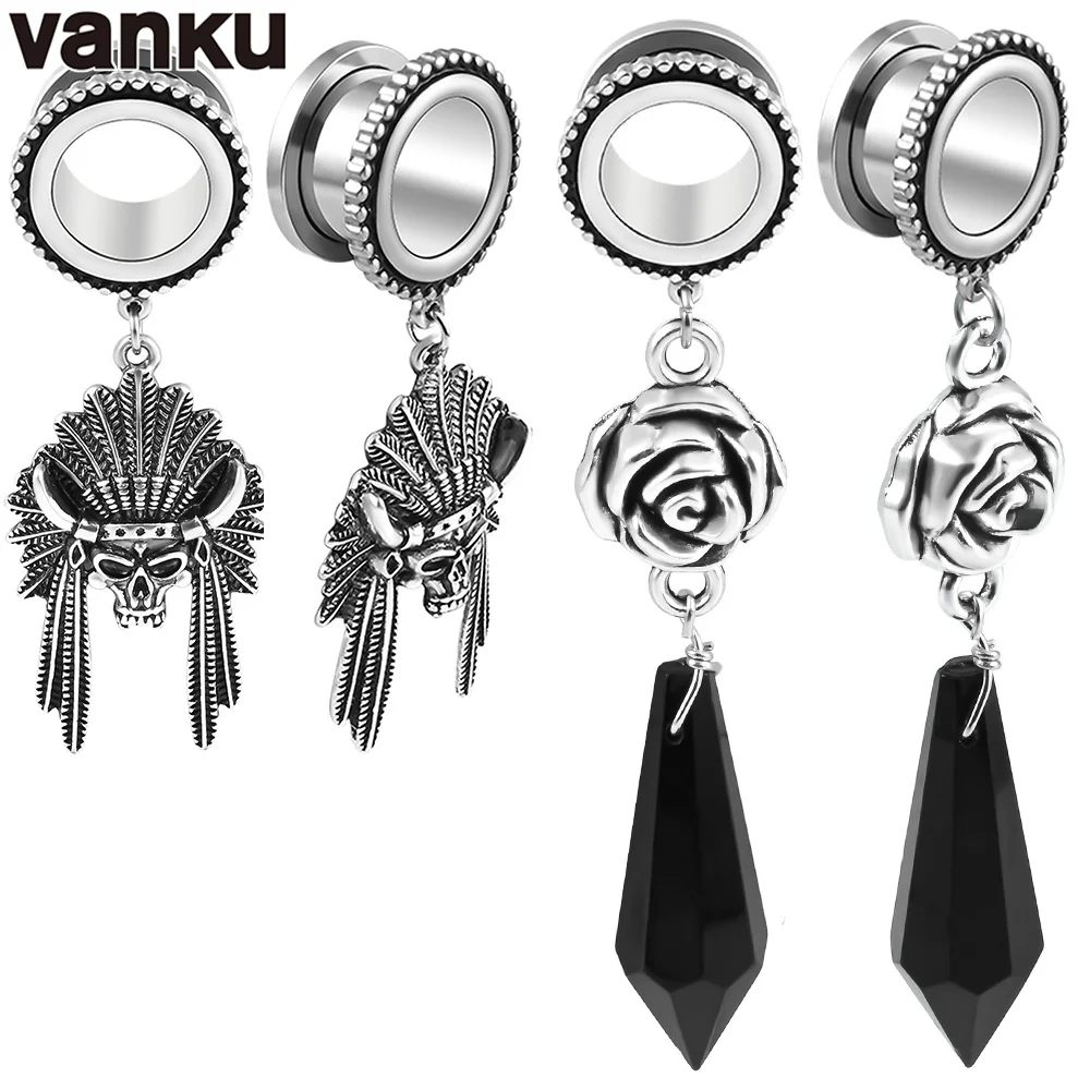 Vanku-pendientes de acero inoxidable con forma de calavera para mujer, 2 piezas, 6-25mm, medidores de oreja, tapones, expansor, Piercing corporal, joyería para regalo
