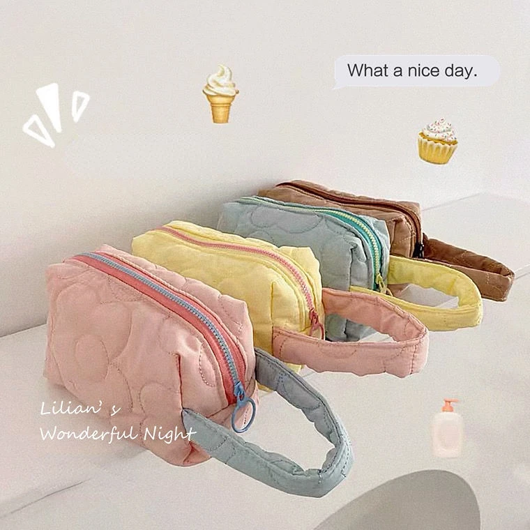 

Cosmetic Bag Korean Sweet Cotton FLAP Nylon Casual Solid Zipper Soft Storage Bag Wash Bag Girls Bags