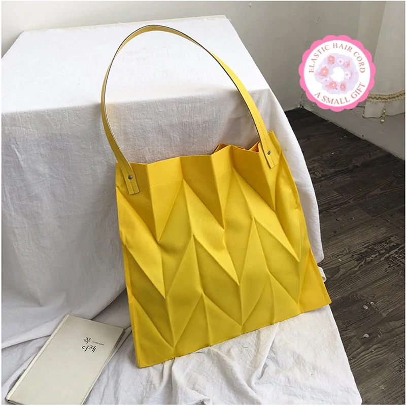 Fashion Women's Geometric Pleated Bags Korean Style Canvas Large Capacity Shoulder Bag Ladies Shopping Bag Female Tote Handbag