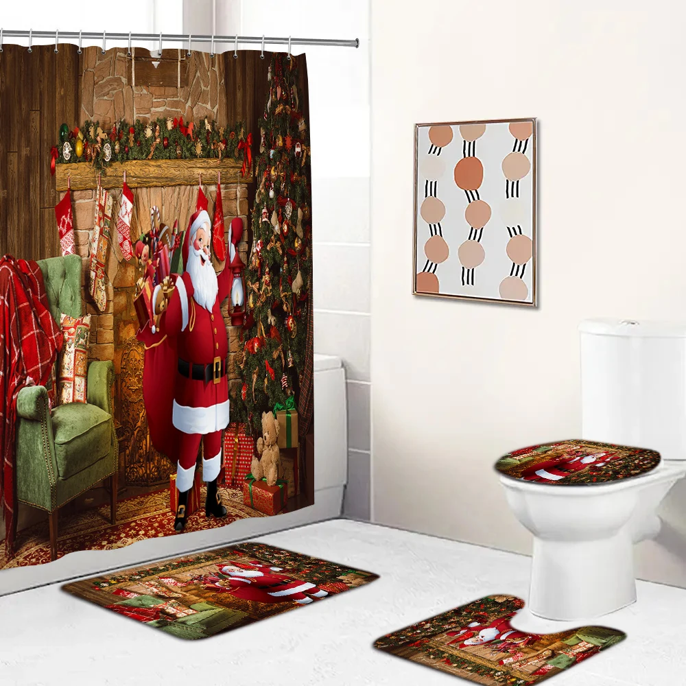 

Merry Christmas Red Bow Printed Shower Curtain Bathroom Curtains Xmas Festival Decoration Pedestal Rug Toilet Lid Cover Bath Mat