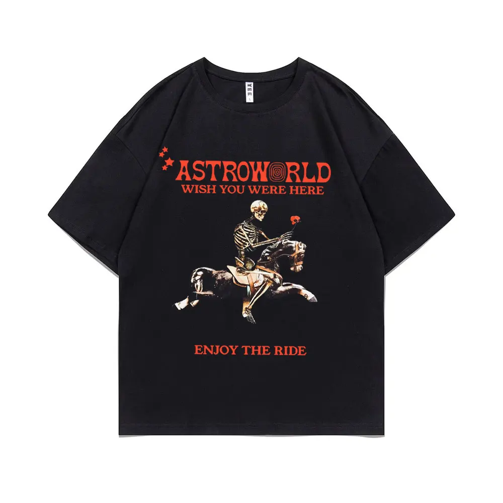 

Travis Scott Cactus Jack ASTROWORLD WISH YOU WERE HERE ENJOY THERIDE T Shirt Carousel Skeleton Rose Flower Tees Men Women Tshirt