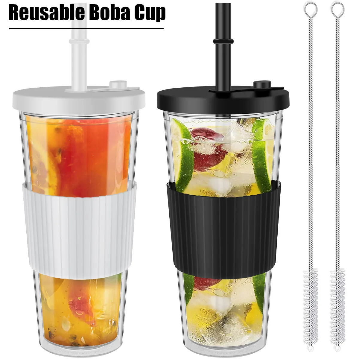 

2Pcs Boba Cup Plastic Bubble Tea Cup Leak-Proof Smoothie Tumbler with Lid Reusable Iced Coffee Cup with Straw Portable Jars Mug