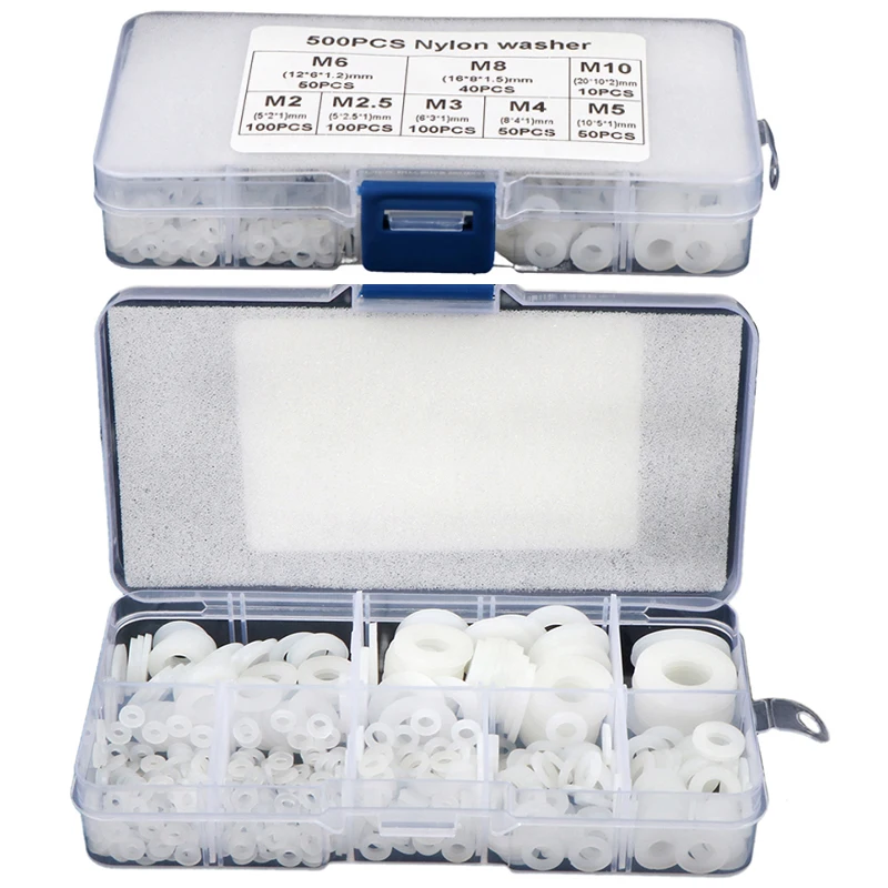 

500Pcs/Box M2 M2.5 M3 M4 M5 M6 M8 M10 Plastic Nylon Washer Flat Spacer Washer Seals Gasket O Ring Assortment Kit White