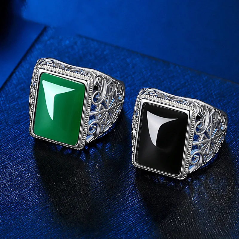 

Hot Selling New Fashion Domineering Imitation Agate Lingteng Ring Inlaid with Green Zircon Opening Adjustable Jewelry